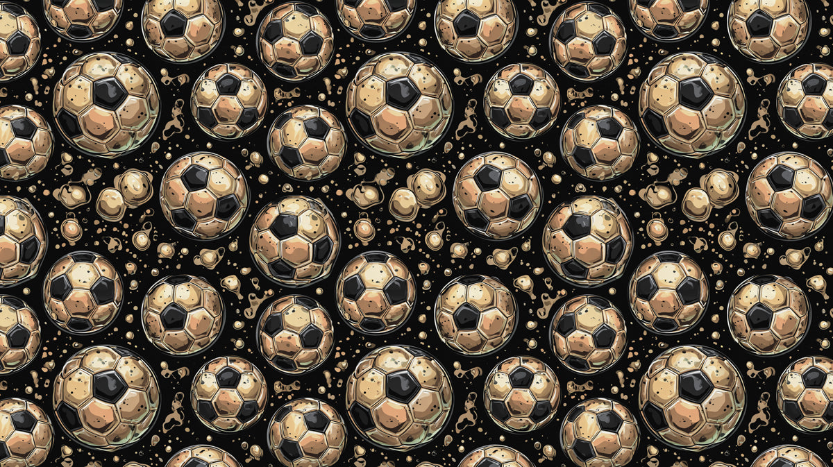 Golden Soccer Ball Repeat Mural Wallpaper | Luxurious Texture, Dark Background, Opulent Sports Motif