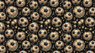 A repeating pattern of weathered soccer balls in bronze and black with abstract mud splatter.