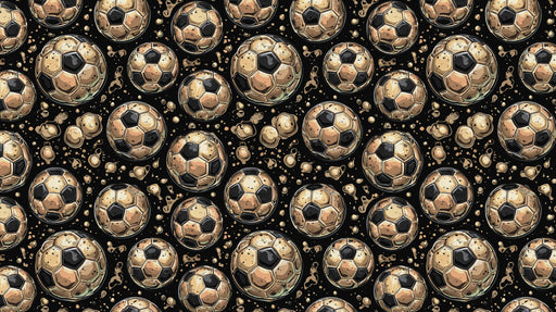 A repeating pattern of weathered soccer balls in bronze and black with abstract mud splatter.