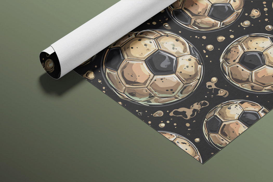 A teenage boy’s bedroom with the sports ball wallpaper as a central feature.