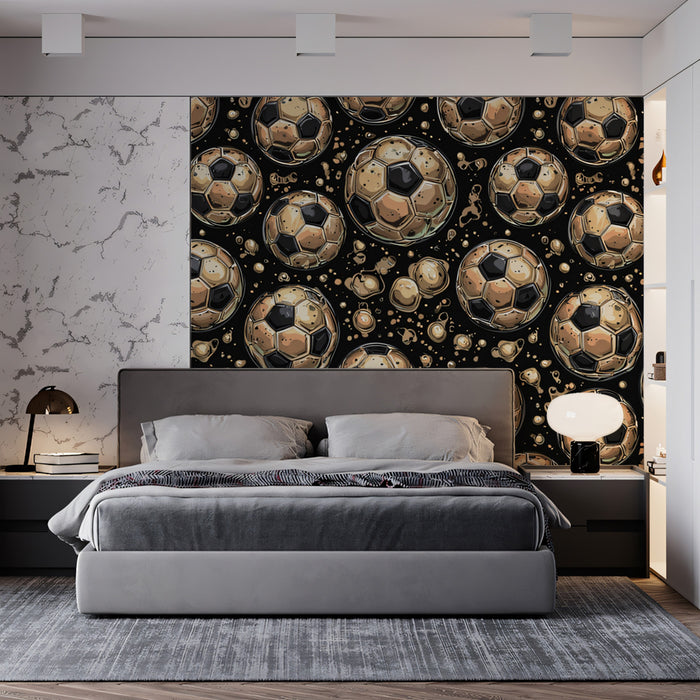 Golden Soccer Ball Repeat Mural Wallpaper | Luxurious Texture, Dark Background, Opulent Sports Motif