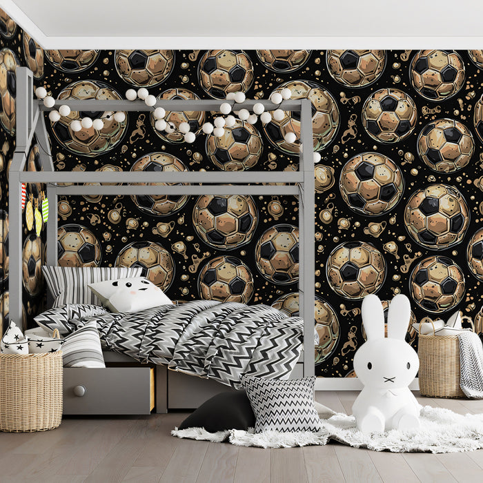 Golden Soccer Ball Repeat Mural Wallpaper | Luxurious Texture, Dark Background, Opulent Sports Motif
