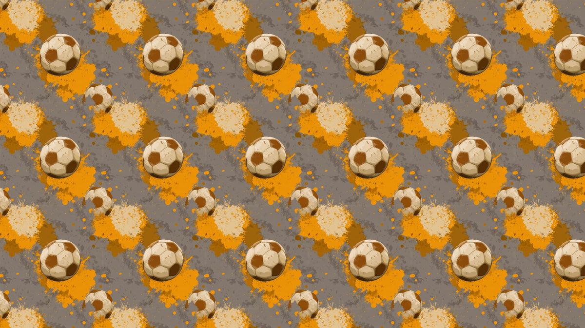 Distressed Soccer Ball Pattern Mural Wallpaper | Repeating Print, Grunge Splatter, Sepia and Orange Tones
