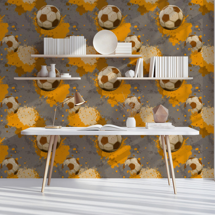 Distressed Soccer Ball Pattern Mural Wallpaper | Repeating Print, Grunge Splatter, Sepia and Orange Tones