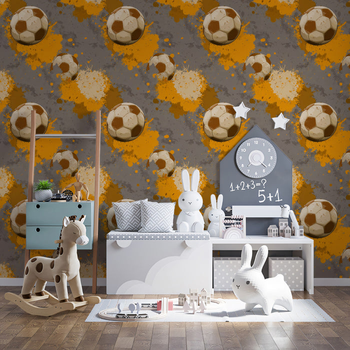 Distressed Soccer Ball Pattern Mural Wallpaper | Repeating Print, Grunge Splatter, Sepia and Orange Tones