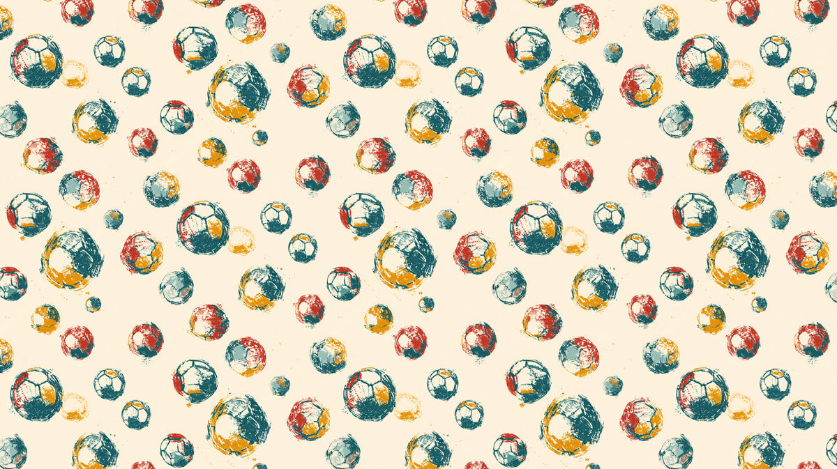 A repeating pattern of hand-drawn soccer balls in teal, ochre, and red on a cream background.