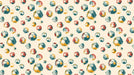 A repeating pattern of hand-drawn soccer balls in teal, ochre, and red on a cream background.