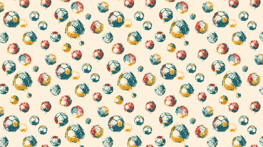A repeating pattern of hand-drawn soccer balls in teal, ochre, and red on a cream background.