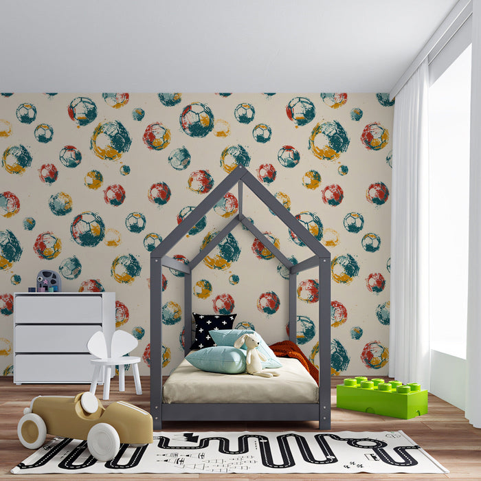 A bright, cheerful playroom mural depicting stylized soccer balls for a dynamic kids area.
