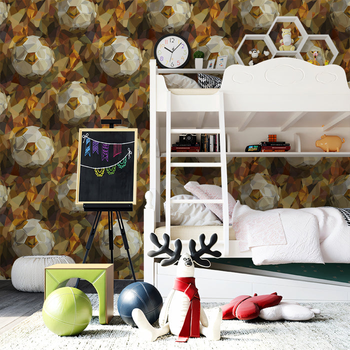 Geometric Gold Soccer Pattern Mural Wallpaper | Repeating Print, Abstract Cubism, Warm Tones Texture