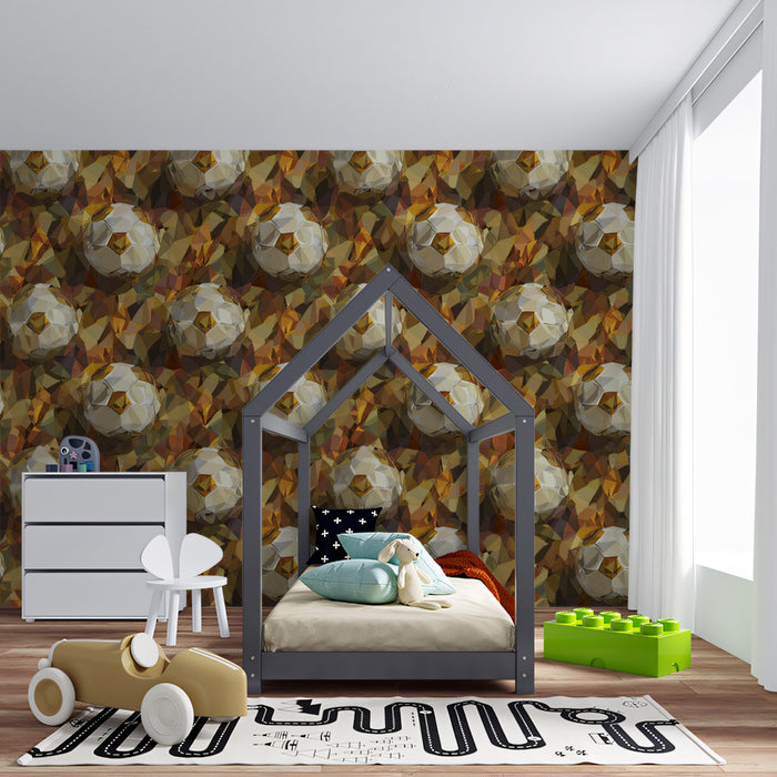 Geometric Gold Soccer Pattern Mural Wallpaper | Repeating Print, Abstract Cubism, Warm Tones Texture