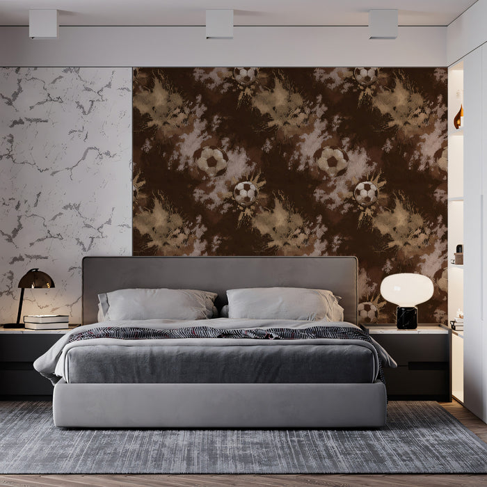 Distressed Sepia Soccer Pattern Mural Wallpaper | Repeating Print, Earth Tones, Grunge Camouflage Effect