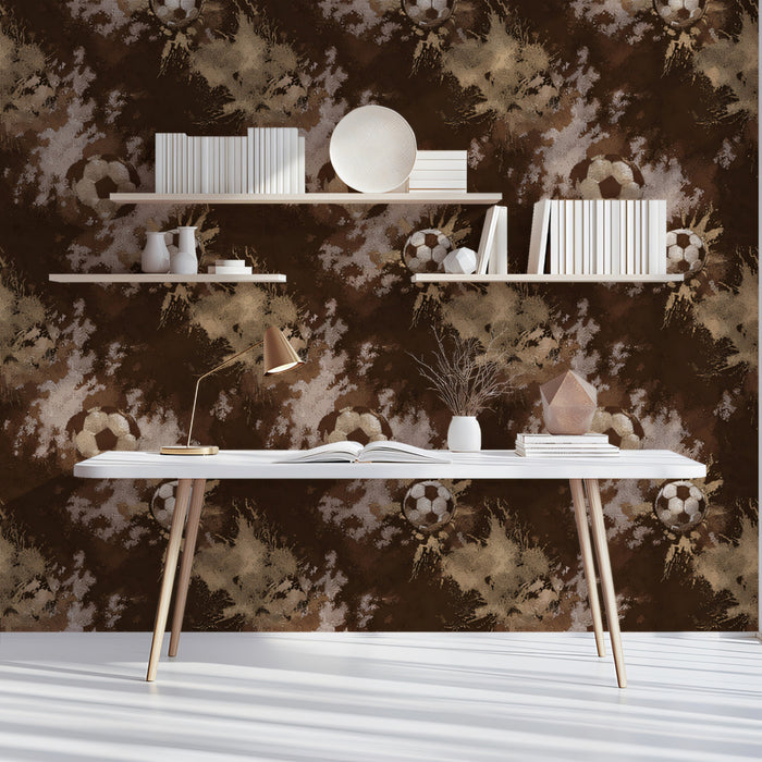 Distressed Sepia Soccer Pattern Mural Wallpaper | Repeating Print, Earth Tones, Grunge Camouflage Effect