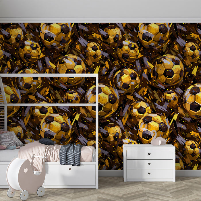 Intense Gold Soccer Pattern Mural Wallpaper | Repeating Print, Abstract Chaos, Luxurious Metallic Finish