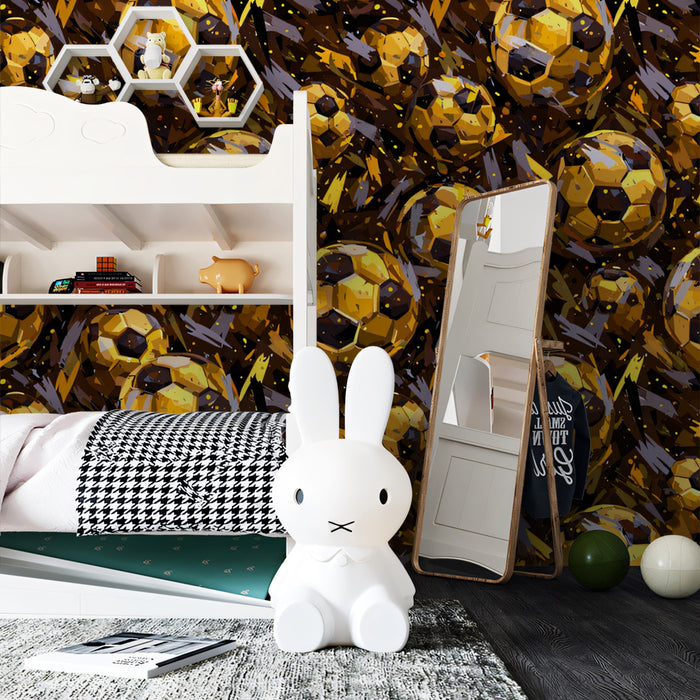 Intense Gold Soccer Pattern Mural Wallpaper | Repeating Print, Abstract Chaos, Luxurious Metallic Finish