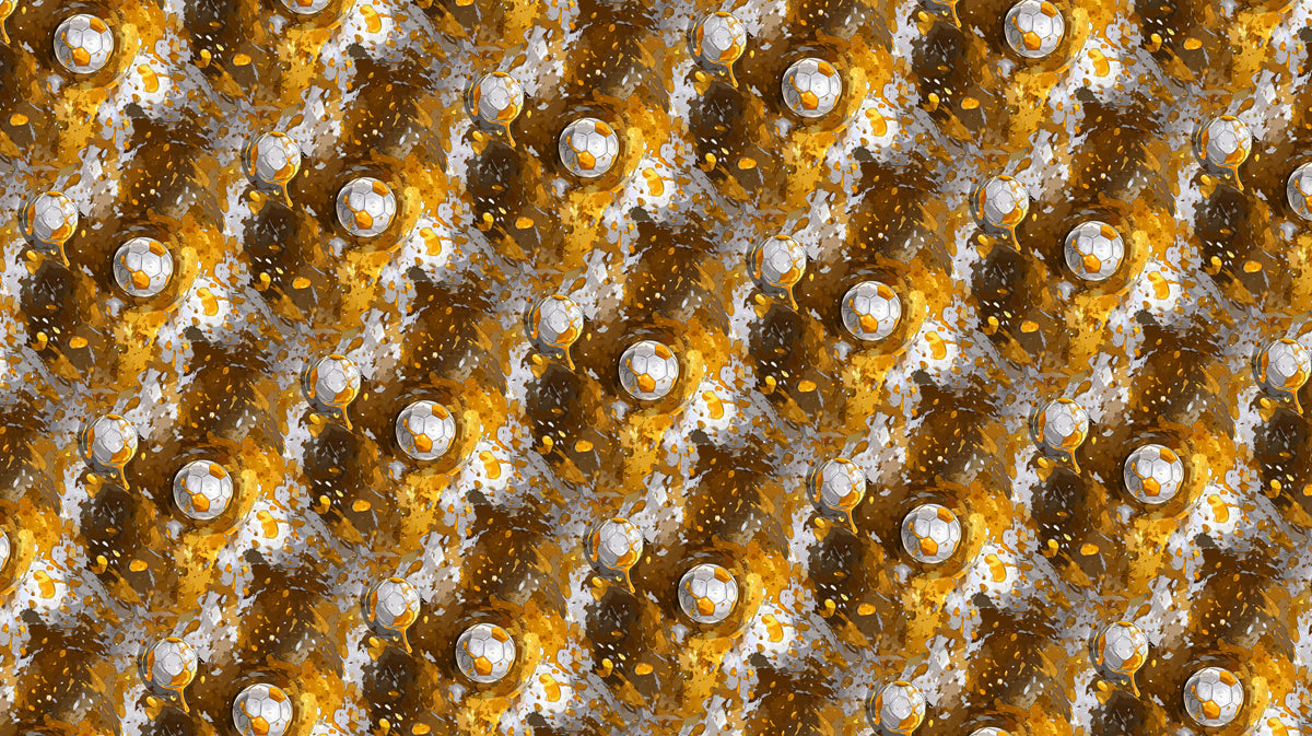 Gold Splatter Soccer Pattern Mural Wallpaper | Repeating Print, High Contrast, Glossy Finish Texture
