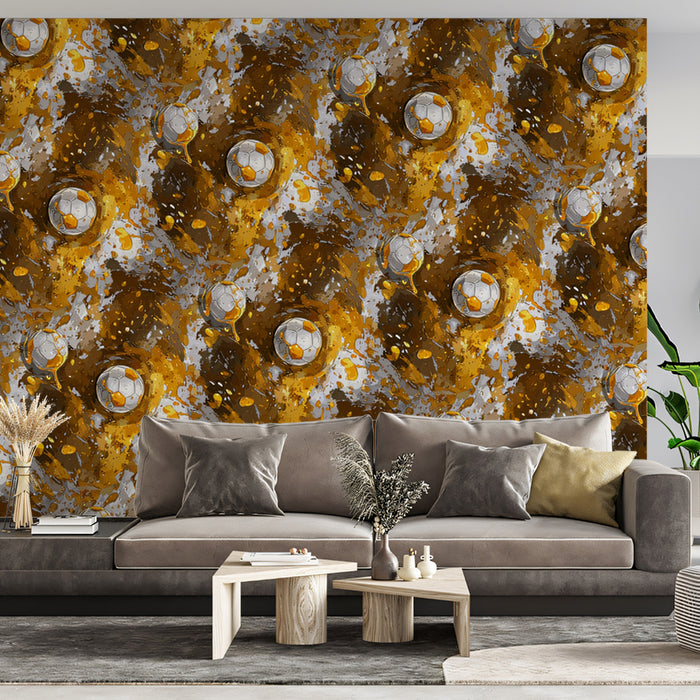 Gold Splatter Soccer Pattern Mural Wallpaper | Repeating Print, High Contrast, Glossy Finish Texture