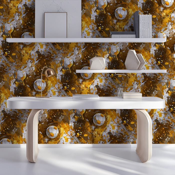 Gold Splatter Soccer Pattern Mural Wallpaper | Repeating Print, High Contrast, Glossy Finish Texture