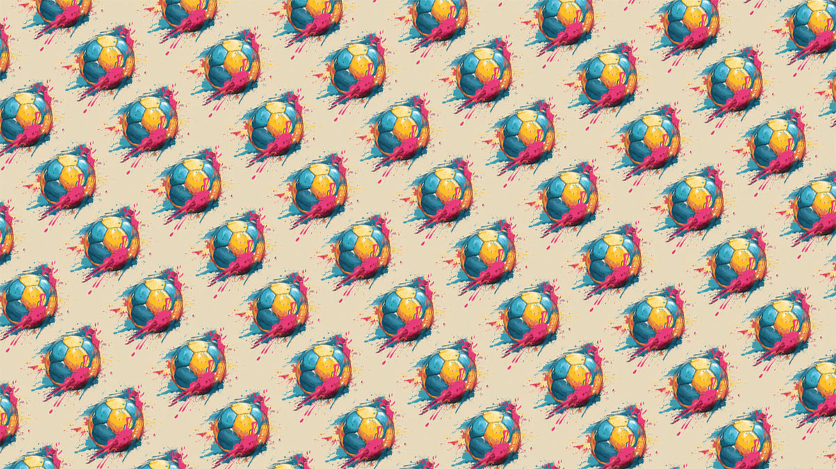 Pop Color Soccer Pattern Mural Wallpaper | Repeating Print, Electric Pink and Blue, Retro Sketch Style