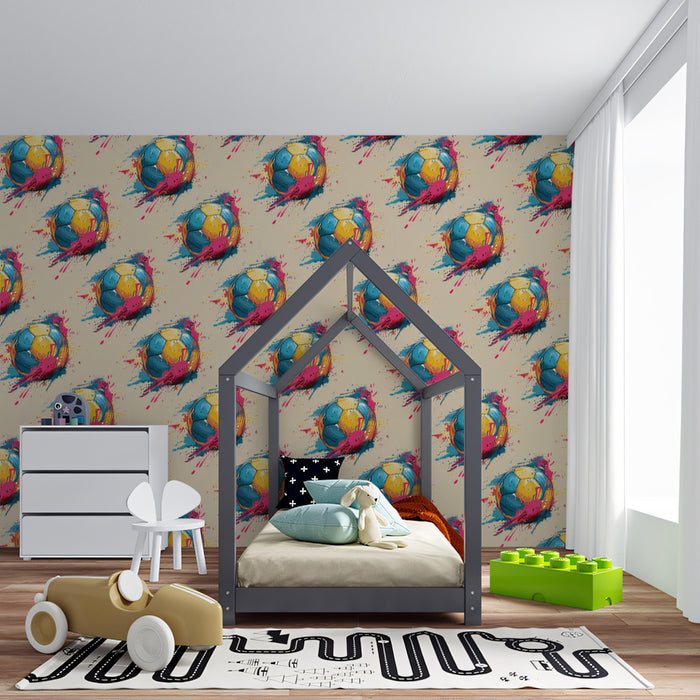 Pop Color Soccer Pattern Mural Wallpaper | Repeating Print, Electric Pink and Blue, Retro Sketch Style