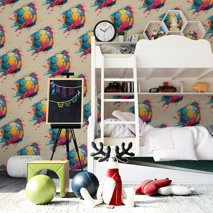 Pop Color Soccer Pattern Mural Wallpaper | Repeating Print, Electric Pink and Blue, Retro Sketch Style