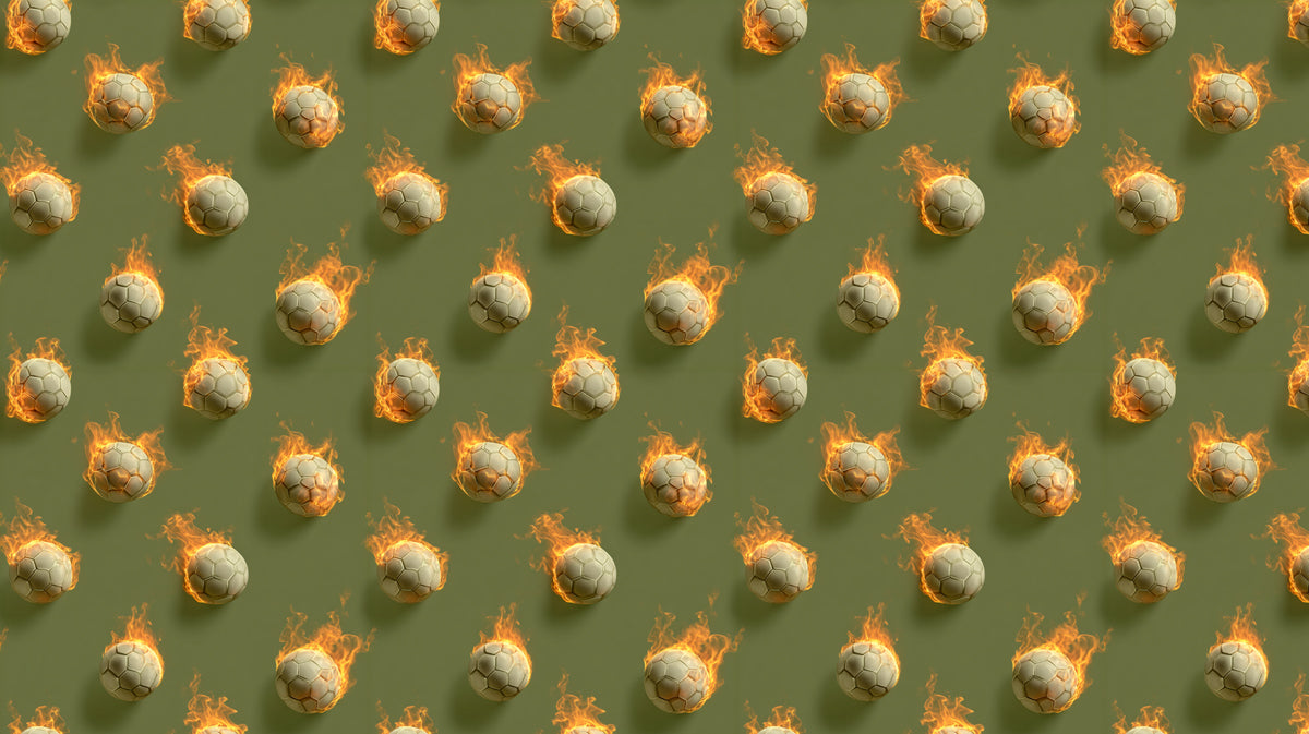 Flaming Soccer Ball Pattern Mural Wallpaper | Repeating Print, Dark Green Backdrop, High-Energy Focus