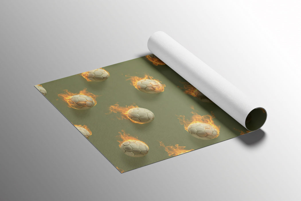 Flaming Soccer Ball Pattern Mural Wallpaper | Repeating Print, Dark Green Backdrop, High-Energy Focus