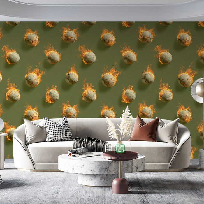 Flaming Soccer Ball Pattern Mural Wallpaper | Repeating Print, Dark Green Backdrop, High-Energy Focus