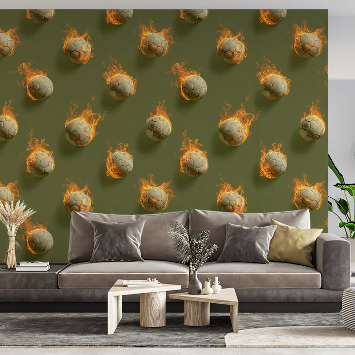 Flaming Soccer Ball Pattern Mural Wallpaper | Repeating Print, Dark Green Backdrop, High-Energy Focus