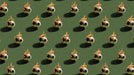 Repeating pattern of soccer balls with orange flames against a flat olive green background.