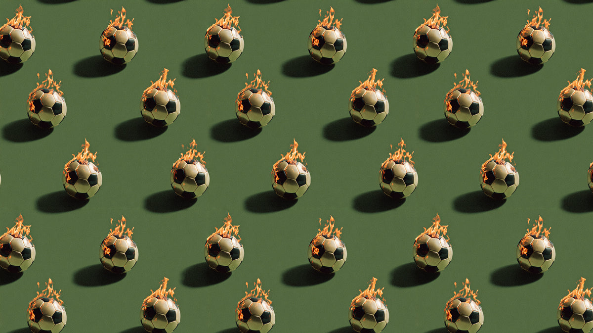 Fire and Shadow Soccer Pattern Mural Wallpaper | Repeating Print, Green Pitch Tone, Dynamic Contrast