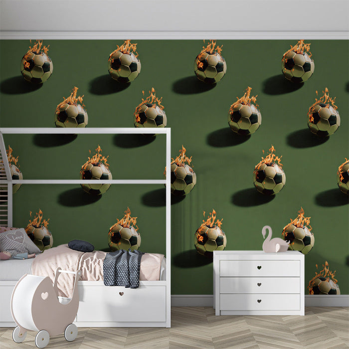 Stylish game room decor with a bold flaming soccer ball accent wall and lounge chairs.