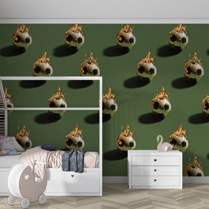 Fire and Shadow Soccer Pattern Mural Wallpaper | Repeating Print, Green Pitch Tone, Dynamic Contrast