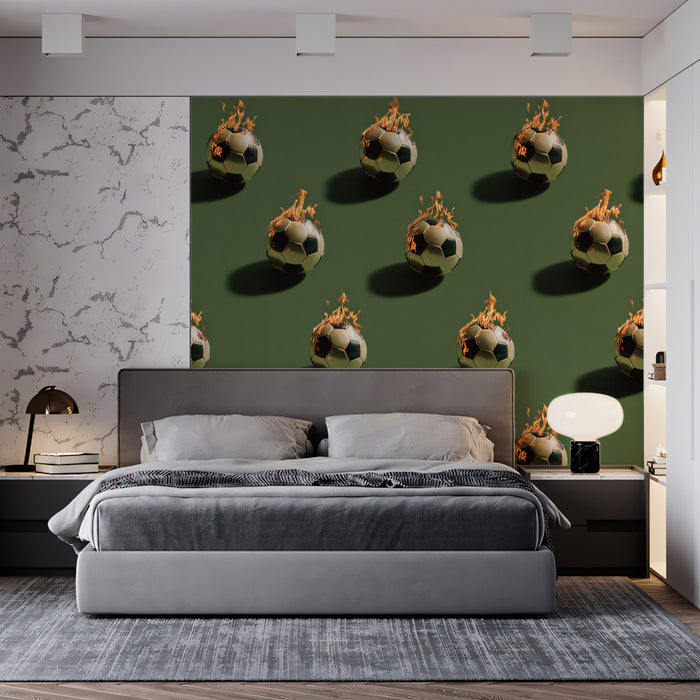 Fire and Shadow Soccer Pattern Mural Wallpaper | Repeating Print, Green Pitch Tone, Dynamic Contrast