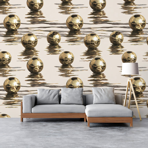 Modern sofa with gray cushions against a wall with gold spherical decorations.