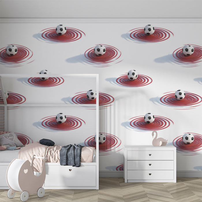 Children's room with white furniture and soccer ball patterned wallpaper.