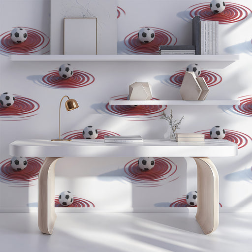 Modern office setup with shelves, desk, and decorative items against a patterned wall.