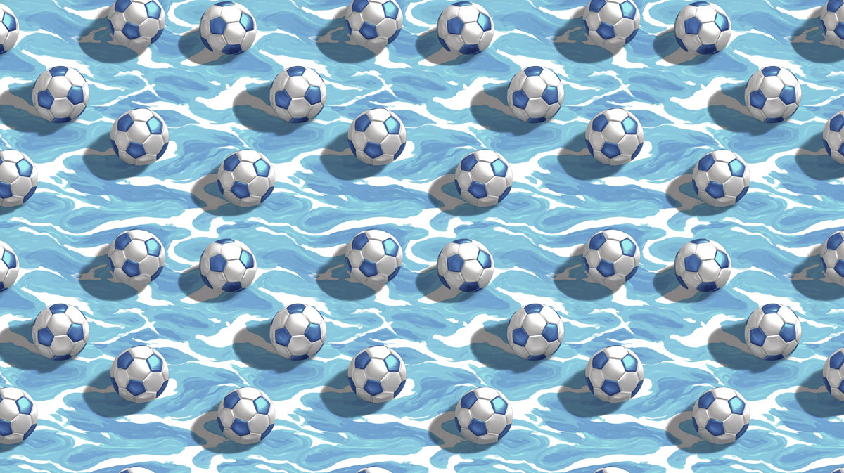 Soccer Balls on Water Pattern Mural Wallpaper | Repeating Print, Vibrant Blue Waves, Dynamic Surf Motif