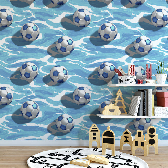 Soccer Balls on Water Pattern Mural Wallpaper | Repeating Print, Vibrant Blue Waves, Dynamic Surf Motif