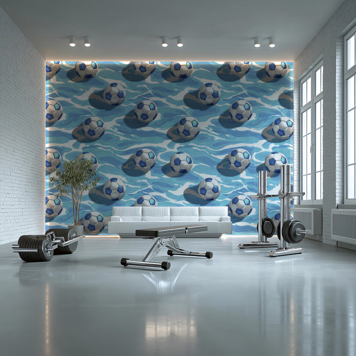 Soccer Balls on Water Pattern Mural Wallpaper | Repeating Print, Vibrant Blue Waves, Dynamic Surf Motif