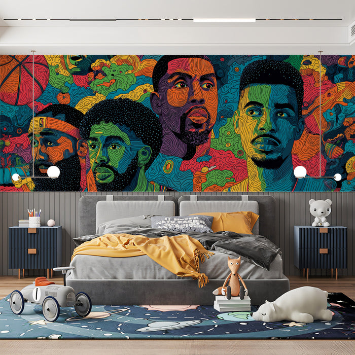 Psychedelic Basketball Stars Mural Wallpaper | Neon Colors, Fluid Lines, Abstract Urban Pop Art