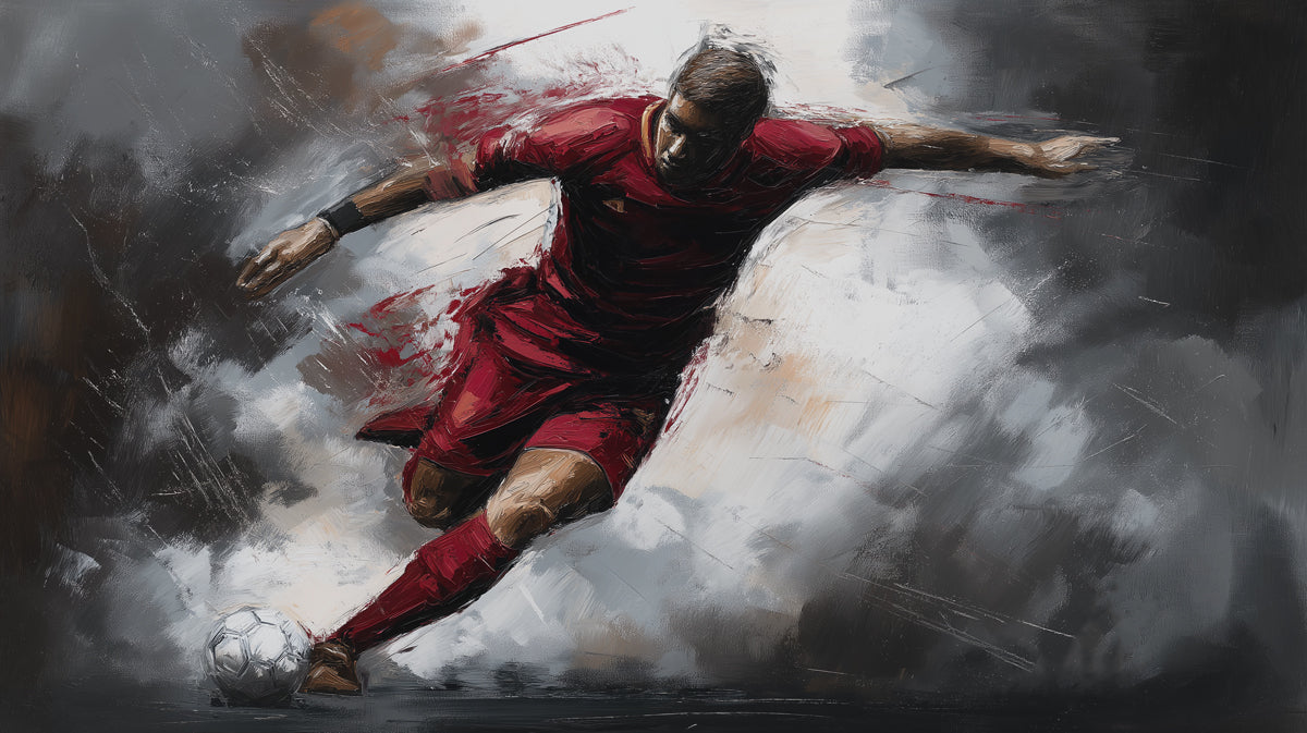 Expressionist Soccer Action Mural Wallpaper | Red and Gray Contrast, Dynamic Brushstrokes, Moody Athlete