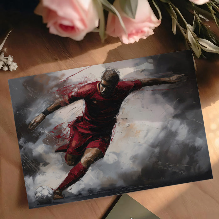 Expressionist Soccer Action Mural Wallpaper | Red and Gray Contrast, Dynamic Brushstrokes, Moody Athlete