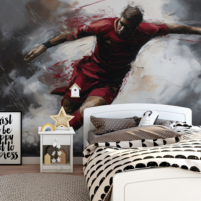 Expressionist Soccer Action Mural Wallpaper | Red and Gray Contrast, Dynamic Brushstrokes, Moody Athlete