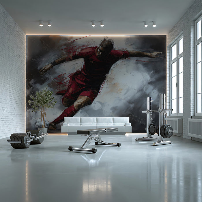 Expressionist Soccer Action Mural Wallpaper | Red and Gray Contrast, Dynamic Brushstrokes, Moody Athlete