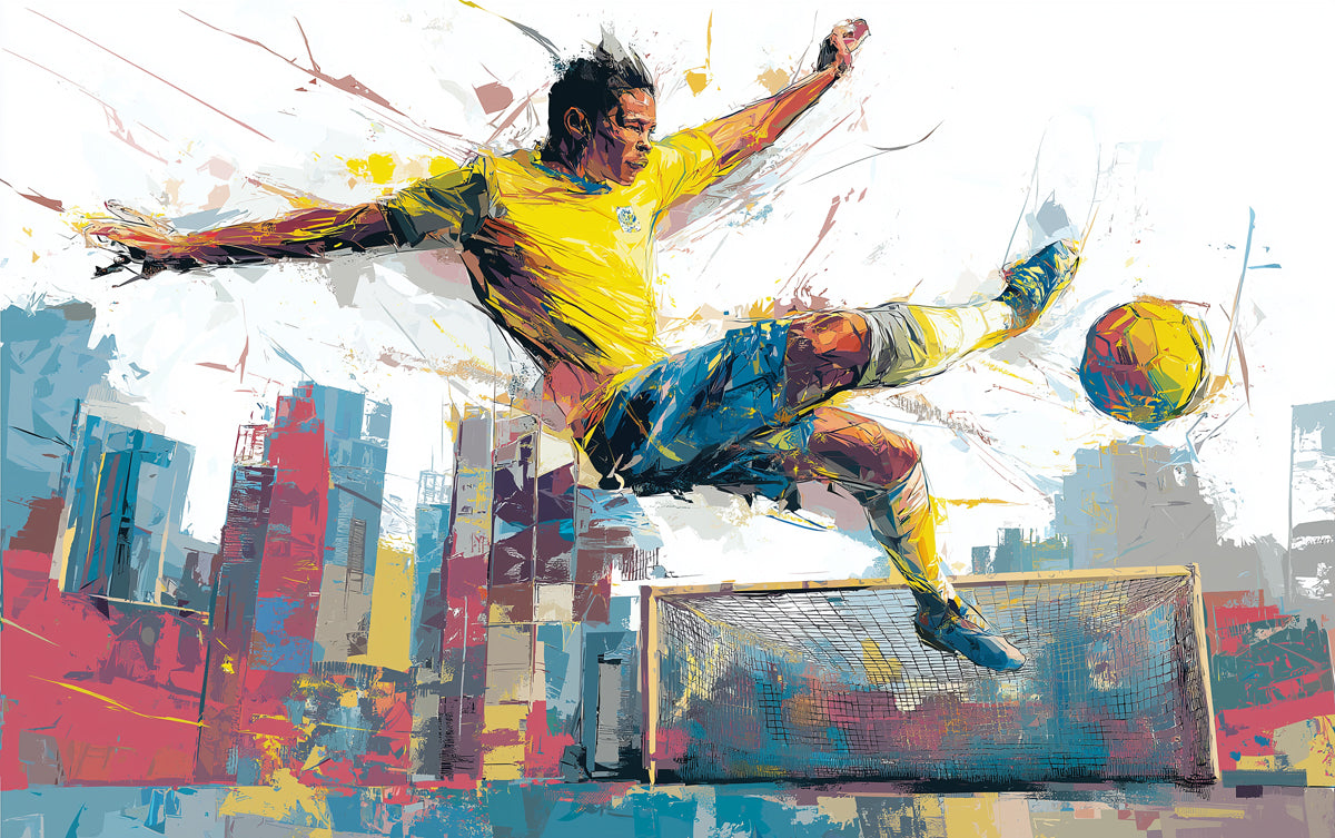 Brazilian Footballer Abstract Mural Wallpaper | Yellow and Blue, Urban Grunge, High-Flying Action