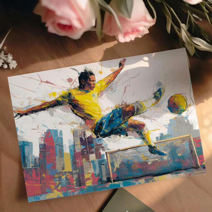 Brazilian Footballer Abstract Mural Wallpaper | Yellow and Blue, Urban Grunge, High-Flying Action