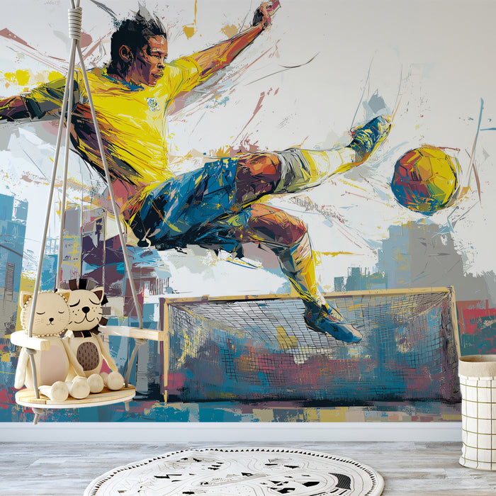 Brazilian Footballer Abstract Mural Wallpaper | Yellow and Blue, Urban Grunge, High-Flying Action
