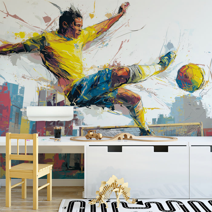 Brazilian Footballer Abstract Mural Wallpaper | Yellow and Blue, Urban Grunge, High-Flying Action