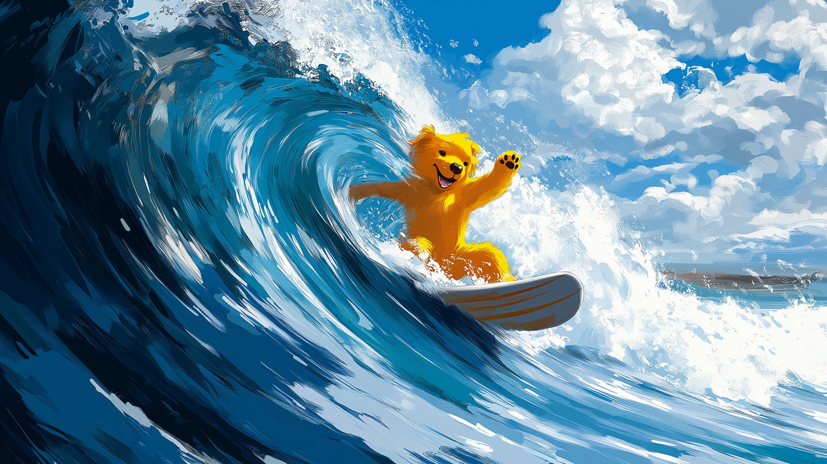 Surfing Teddy Bear Fantasy Mural Wallpaper | Stylized Waves, Cartoon Art, Joyful Ocean Adventure